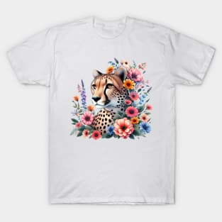 A cheetah decorated with beautiful colorful flowers. T-Shirt